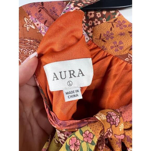 Aura Floral Paisley Patchwork Long Sleeve Peasant Blouse Size L Tie Back - Picture 9 of 12